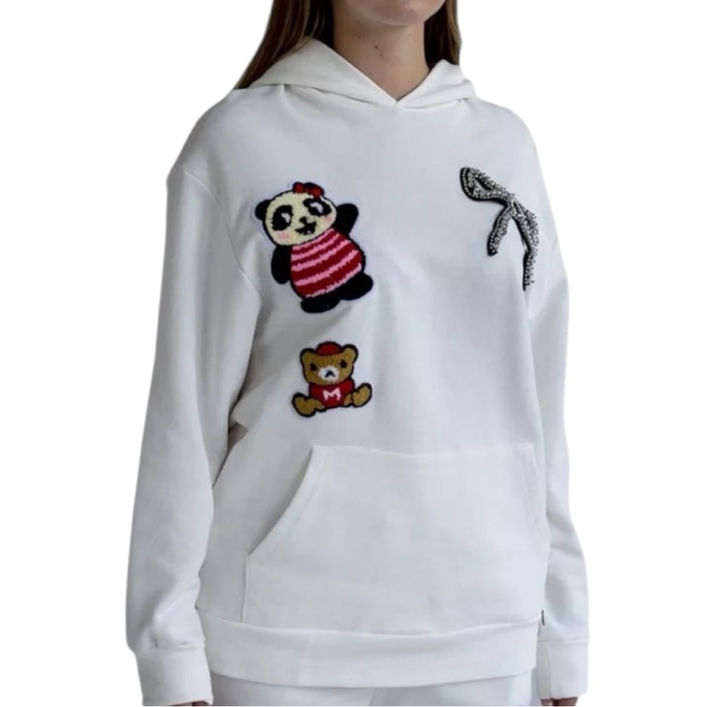 DIXIE White Hoodie w/ Panda & Teddy Patches, Rhinestone “YES” — 19” P2P